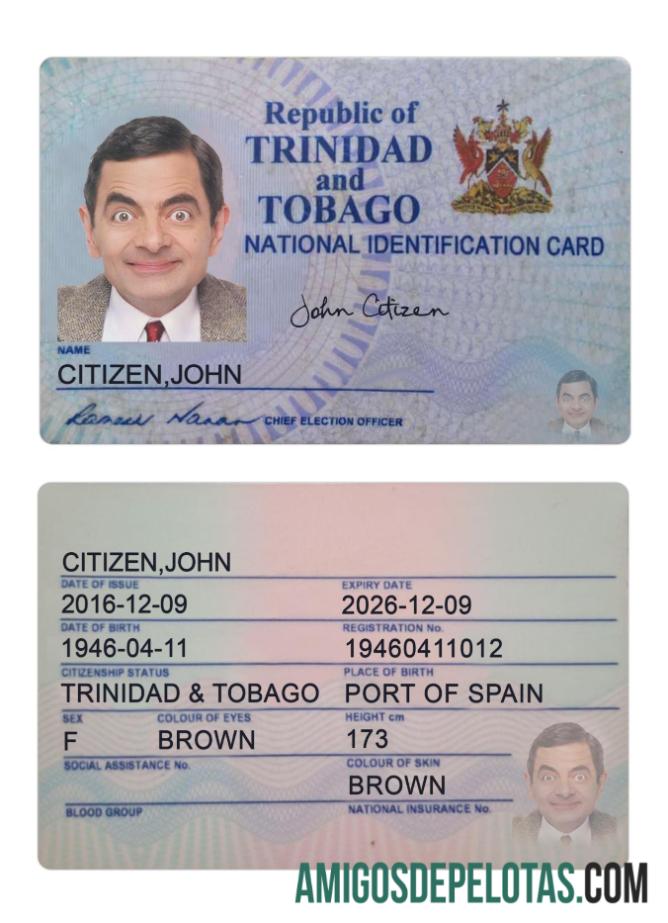 Carteira de identidade de Trinidad e Tobago 2016 presente amostra